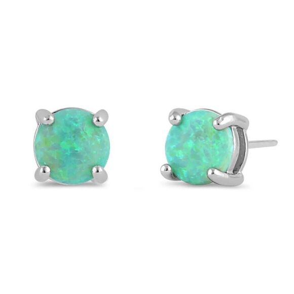 Sterling Silver Round Green Opal Stud Earrings New - Picture 1 of 4